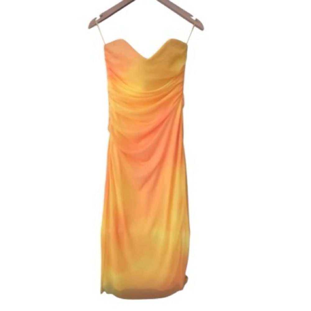 Zara Strapless Ombré Tulle Midi Dress Orange Yellow Ruched Bodycon Size S